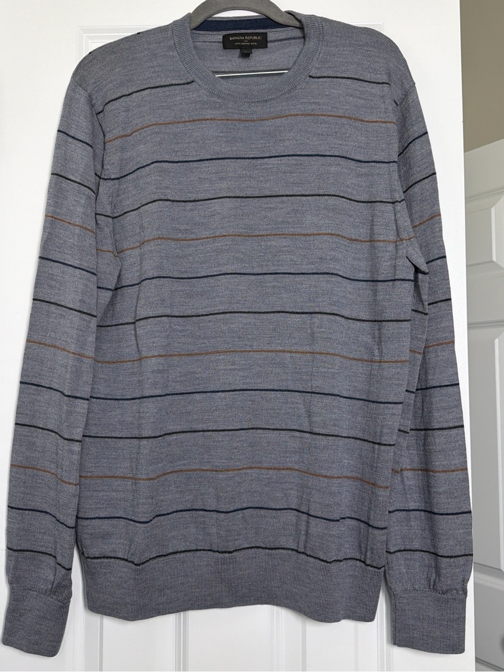Banana Republic Grey Crewneck Sweater with Navy and Brown Stripes